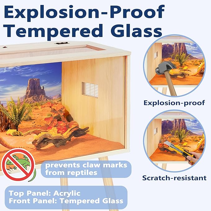 Prolee 63 Gallon Reptile Tank, Tempered Glass Bearded Dragon Tank with Wooden Roof and Lockable Doors, Large Lizard Habitat for with Built-in Lamp Fixture Snakes, Iguanas, Chameleons (Oak)