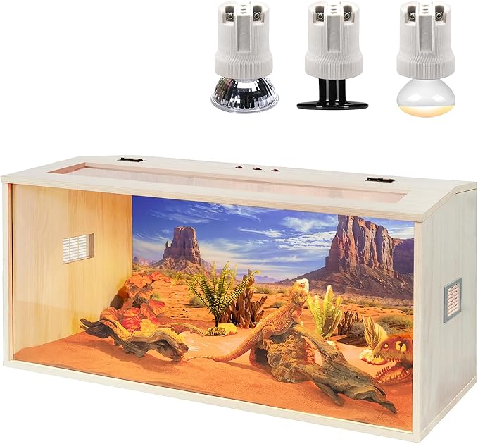 PROLEE Bearded Dragon Tank,Wooden Reptile Tank and Lizard Tank,Tempered Glass Large Bearded Dragon Enclosure with Built-in Lamp Fixture (40X20X20inch,65 Gallons)