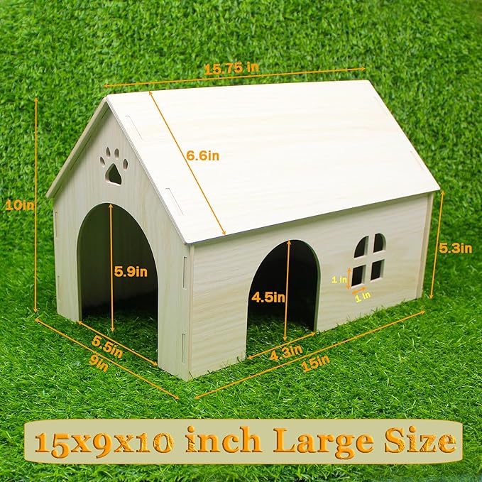 Amonk Guinea Pig Hideout 15x9x10 inch Large Size Wooden House with Window and Roof Wood Hut Habitats Decor for Bunny, Chinchillas, Dwarf Rabbits, Hamsters, and Other Small Pet Animals