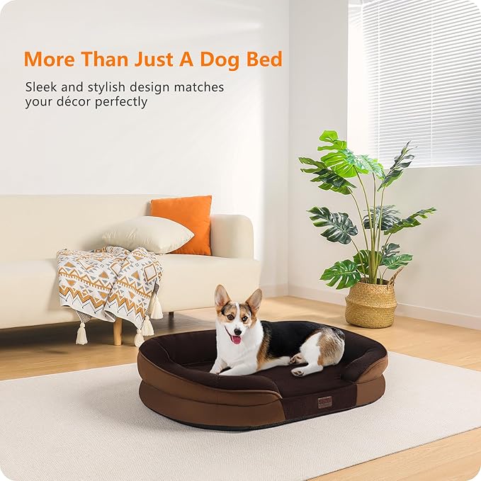Dwanton Orthopedic Dog Bed for Medium Dogs with Gel Memory Foam, Waterproof Dog Sofa, Washable Pet Bed with Four Sided Bolster Cushion, Removable Cover & Non-Slip Bottom, 36", Brown