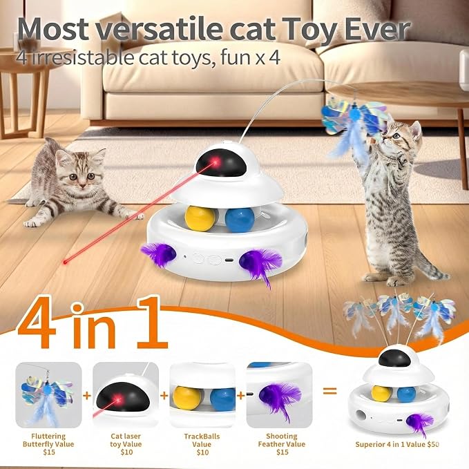 MOHAYA Cat Toys，4-in-1 Interactive Cat Toy for Indoor Cats with Laser, Fluttering Butterfly, Moving Feather and Track Balls - USB Rechargeable Self-Play Kitten Toy (White) - Image 3