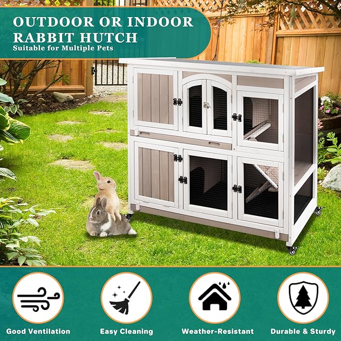 Rabbit Hutch Indoor and Outdoor 2-Story Rabbit Cage with Pull Out Tray,Fir Wood Pet House with Wooden Ramp,Waterproof Bunny Cage Indoor with 2 Asphalt Roofs,Grey (19.7" L x 42.7" W x 47.2" H-P33)