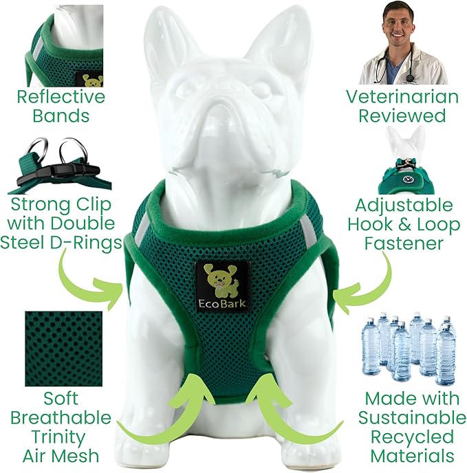 EcoBark Step in Dog Harness - Eco-Friendly Dog Harnesses for for Small & Medium Breed Dogs - Reflective and Adjustable Chest Body Halter Vest -Soft Luxurious Mesh (Forest Green, XL)