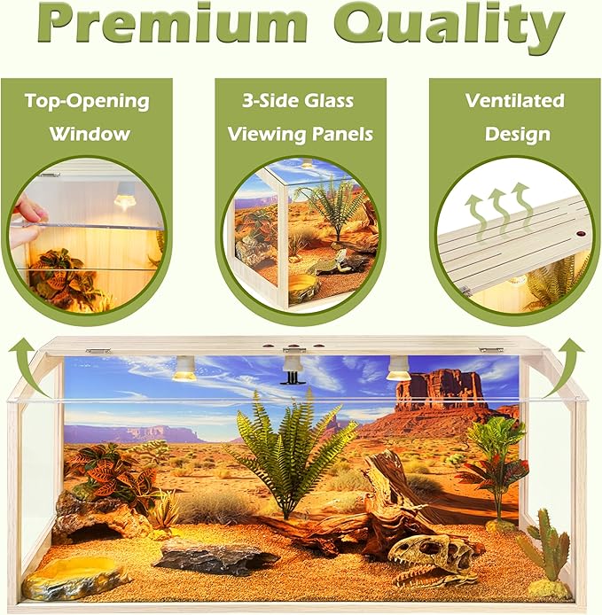 PROLEE Bearded Dragon Tank, Up to 81Gallon Reptile Enclosure, Tempered Glass Lizard Tank, Bearded Dragon Enclosure with Built-in Lamp Fixture for Chameleon (Skylight Roof, 81Gallons,48x19.5x19.5 Inch)