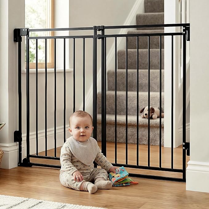 Extra Tall Baby Gate for Stairs Doorways & Kitchen, 26.4"-43" W x 39" H, No Bottom Bar Dog Gate, One-Handed Auto-Close, Hardware Mount Safety Gate for Dogs & Toddlers, Black