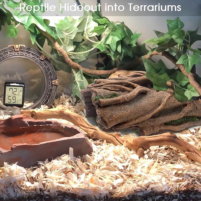 Lizard Snake or Reptile Hide, Large Hollow Log Snake Hideout for Ball Python Bearded Dragon and Gecko Eco-Friendly Resin Tank Accessory with Basking Platform & Multi-Functional Décor
