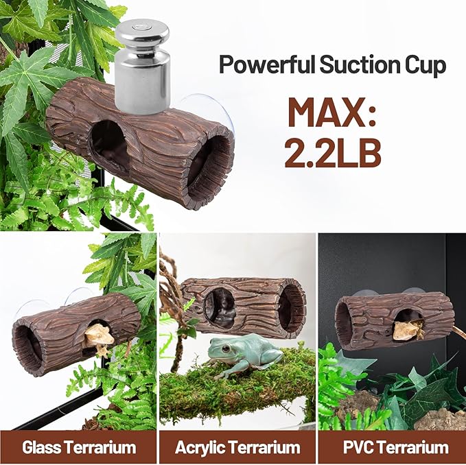 Reptile Hide, Resin Hollow Log Hideout with 2pcs Powerful Suction Cup, Reptile Tank Accessories Climbing Toys Terrarium Hideaway Caves Decor for Gecko, Lizard, Snakes, Hermit Crabs, Forgs