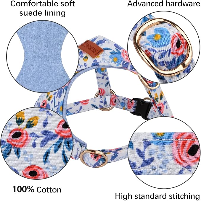 CHEDE No Pull Floral Pattern Dog Harness- Lightweight and Soft Harness, Adjustable Small Dog Harness and Leash Set, with Dog Leash, Suitable for Puppy Small and Medium-Sized Dog (S, Blue Rose)