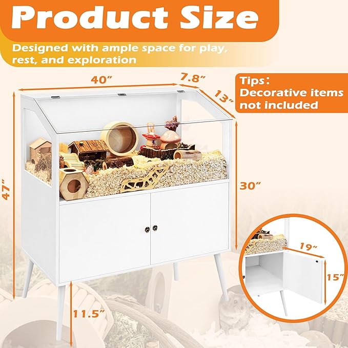 PROLEE Hamster Cage with Storage Cabinet,Large Hamster Encloure Chew Proof Wood,Clear View Hamster Habitat for Guinea Pig, Ferret, Rat, Hedgehog, 40" L x 20" W x 47" H (White)