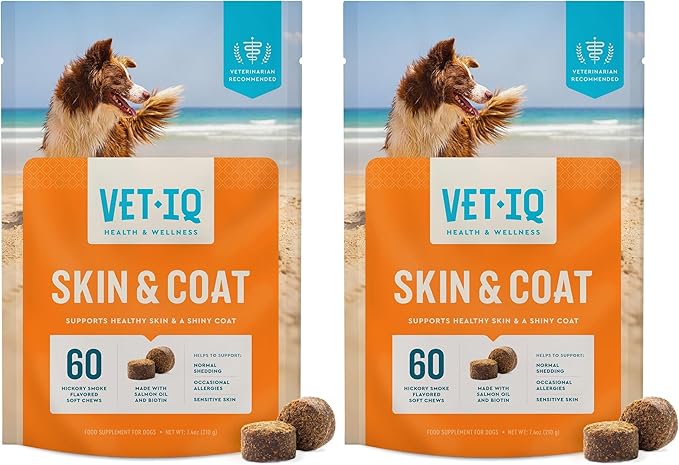 VetIQ Skin and Coat Supplement for Dogs, Helps Maintain Healthy Skin and Shiny Coat, Hickory Smoke Flavor Dog Chew, Made in The USA, 60 Count (Pack of 2)