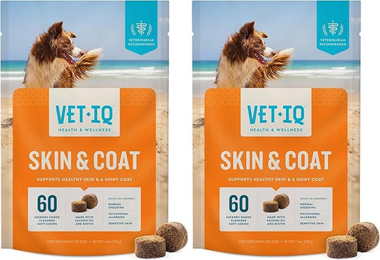 VetIQ Skin and Coat Supplement for Dogs, Helps Maintain Healthy Skin and Shiny Coat, Hickory Smoke Flavor Dog Chew, Made in The USA, 60 Count (Pack of 2)