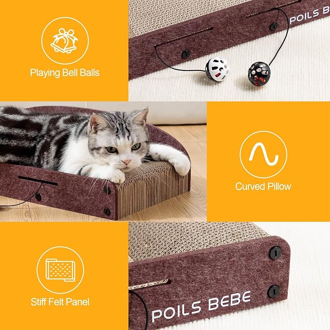 Poils Bebe 26 Inch Sofa Cat Scratcher, Small Cat Scratcher Cardboard with Bell Balls, Durable Couch Lounger for Indoor Cats, Cat Scratch Furniture Protector with Catnip, Cat Toys - Image 4