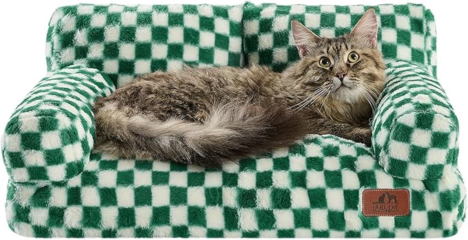 Hollypet Fluffy Dog Cat Bed Pet Couch Beds Plush Soft Warming Washable Puppy Bed for Small Medium Dogs and Large Cats, Forest Green and White, 24" L x 18" W x 10" Th