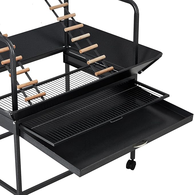 Bird Playstand, 66 in H Inch Birdcage Stand Activity Play Center with Perches and Ladders, Removable Tray, Indoor Outdoor Playground for Parakeet, Cockatiels Conures Parrots, Lockable Caster, Black