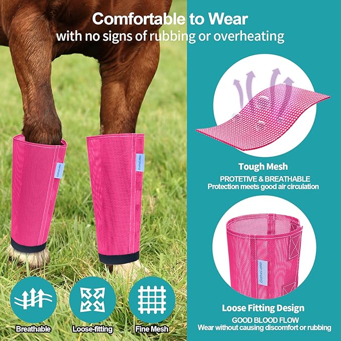 Mesh Horse Fly Boots Set of 4, Loose Fitting Leggings for Horses, Reduce Stressful Stomping, Breathable Adjustable and Universal Fit for 4 Legs, Reliable Stay Put (Magenta)