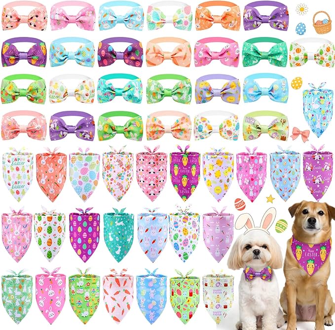 Sanwuta 50 Pcs Easter Dog Bandanas and Collar Bow Ties Set 25 Bandanas Bulk 25 Charm Dog Collar Pet Triangle Pet Scarf Bowtie for Small Medium Large(Easter)