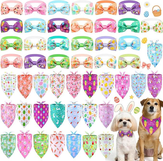 Sanwuta 50 Pcs Easter Dog Bandanas and Collar Bow Ties Set 25 Bandanas Bulk 25 Charm Dog Collar Pet Triangle Pet Scarf Bowtie for Small Medium Large(Easter)