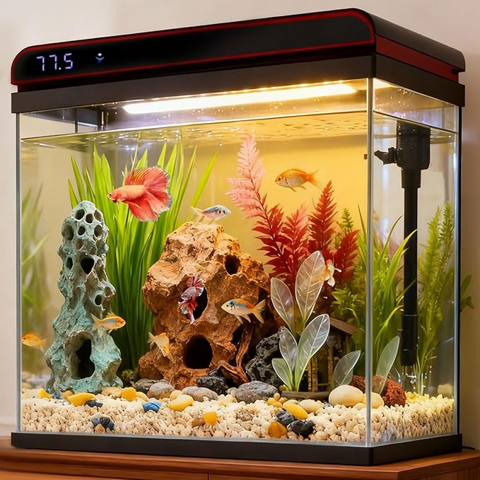 Coospider 20 Gallon Glass Fish Tank, Aquarium Starter Kit, Self-Cleaning Aquarium with 3-Color LED Lights, Quiet Filter Pump, Temperature Monitoring for Fish, Shrimp, Kids Gift Idea