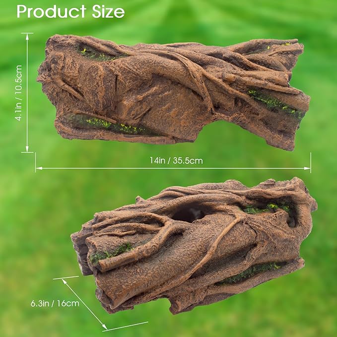 Lizard Snake or Reptile Hide, Large Hollow Log Snake Hideout for Ball Python Bearded Dragon and Gecko Eco-Friendly Resin Tank Accessory with Basking Platform & Multi-Functional Décor