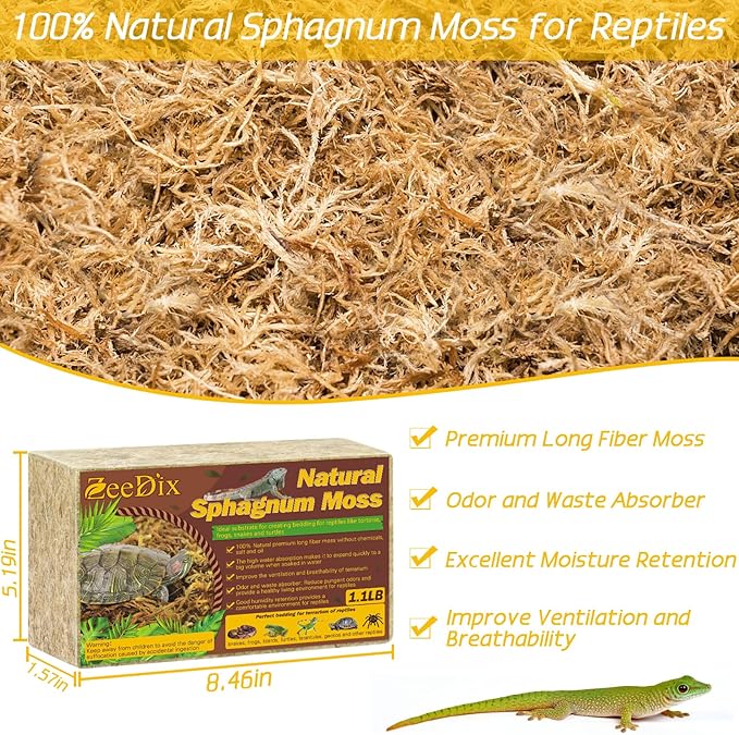 ZeeDix 1.1 lb Premium Sphagnum Moss for Reptiles, 25 qt Dried Long Fibered Leopard Gecko Moss for Terrarium, Natural Sphagnum Peat Moss Bedding for Frogs Anoles Snake Ball Python Turtle
