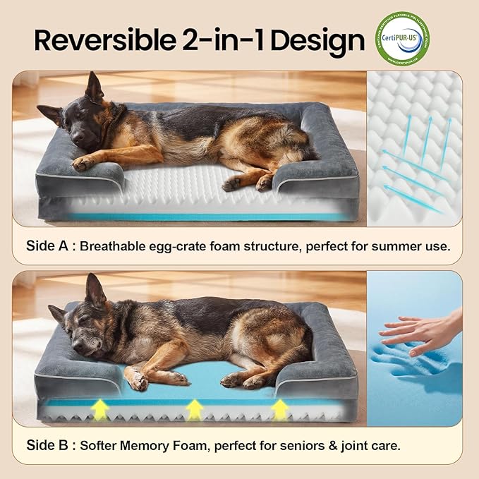 OhGeni Orthopedic Dog Bed Couch Big Cat Sofa for Extra Large Sized Pets with Memory Foam, Machine-Washable Waterproof Removable Cover, Soft Comfortable Fabric, 44-inch (Gray & Thickened Version)