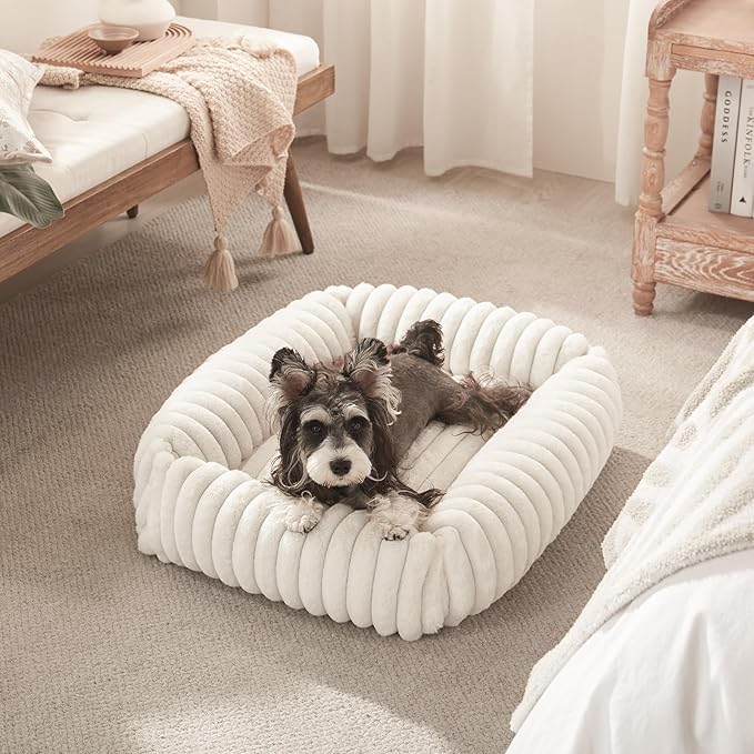 FURTIME Dog Bed Medium Size Dog, Washable Orthopedic Pet Bed with Removable Cover, Rectangle Soft Calming Sleeping Puppy Bed Durable Pet Cuddler with Anti-Slip Bottom, Cream, M Plus (30"x24"x8")