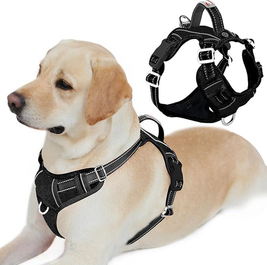BARKBAY Dog Harness No Pull Oxford with ID Tag Pocket - Heavy Duty, Reflective, Easy Control for Large Dogs(Black Oxford,L)