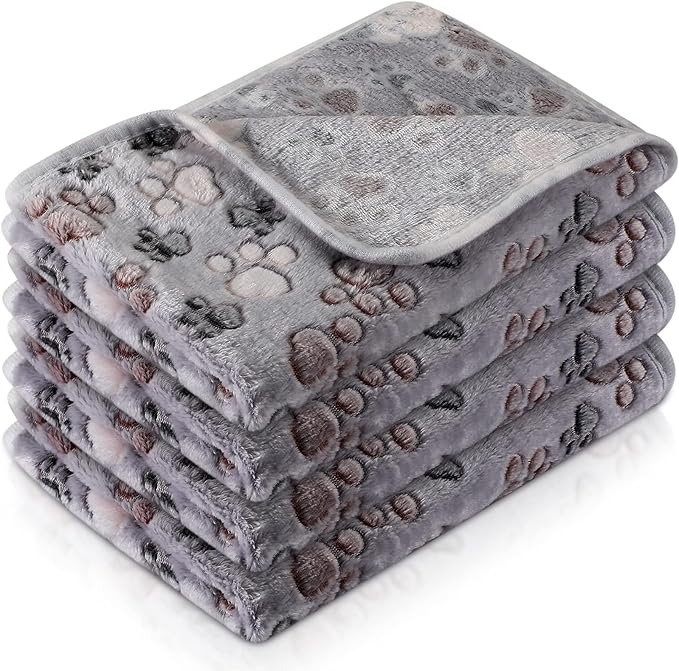 Tatuo 4 Pcs Dog Blanket for Pet Cat Blankets Indoor Puppy Teething Stuff Toys Paw Print Fleece Blanket Warm Sleep Mat for Guinea Pig Cage(Gray,Medium(30 x 20.5 Inch),Square)