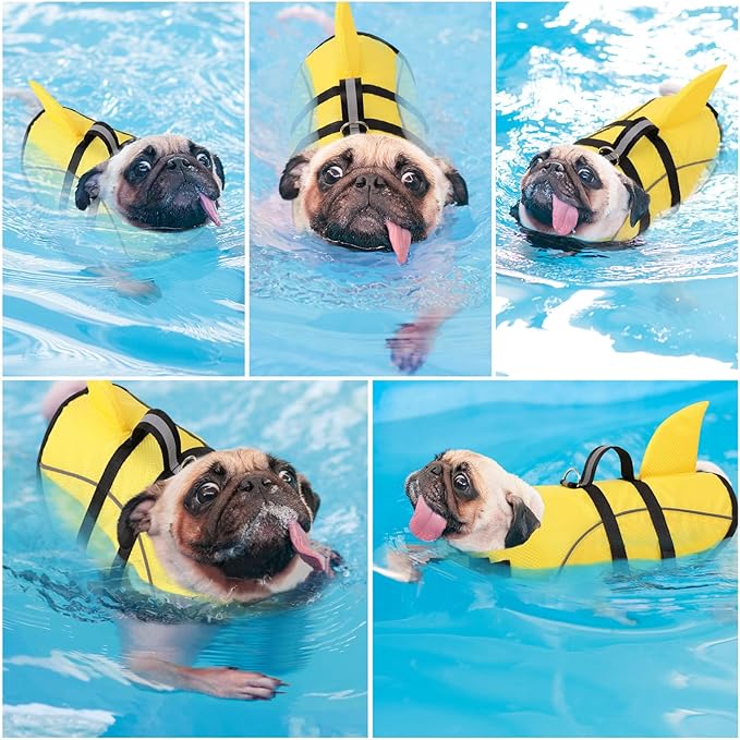 Queenmore Small Dog Life Vest for Swimming, Shark Dog Life Jacket, XS Life Vest for Boating, Puppy Life Jackets for Small Dogs Cats, Pet Floating Dog Swimming Vest with Handle/Leash Hook(Yellow,XS)