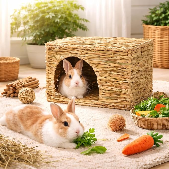 HERCOCCI Extra Large Grass House for Rabbit, Foldable & Comfortable - Small Animal Hut Play Hideaway Bed Hay Mat Chew Toy for Bunny Guinea Pig Hamster Chinchilla (1 Pack)