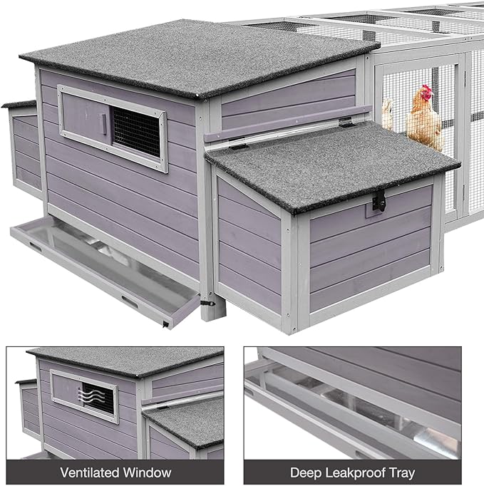 103’’ Large Chicken Coop with Run, Wooden Chicken House with Two Large Nesting Box and Leakproof Tray, Outdoor Hen House Poultry Cage for 4-6 Chickens, Waterproof Roof