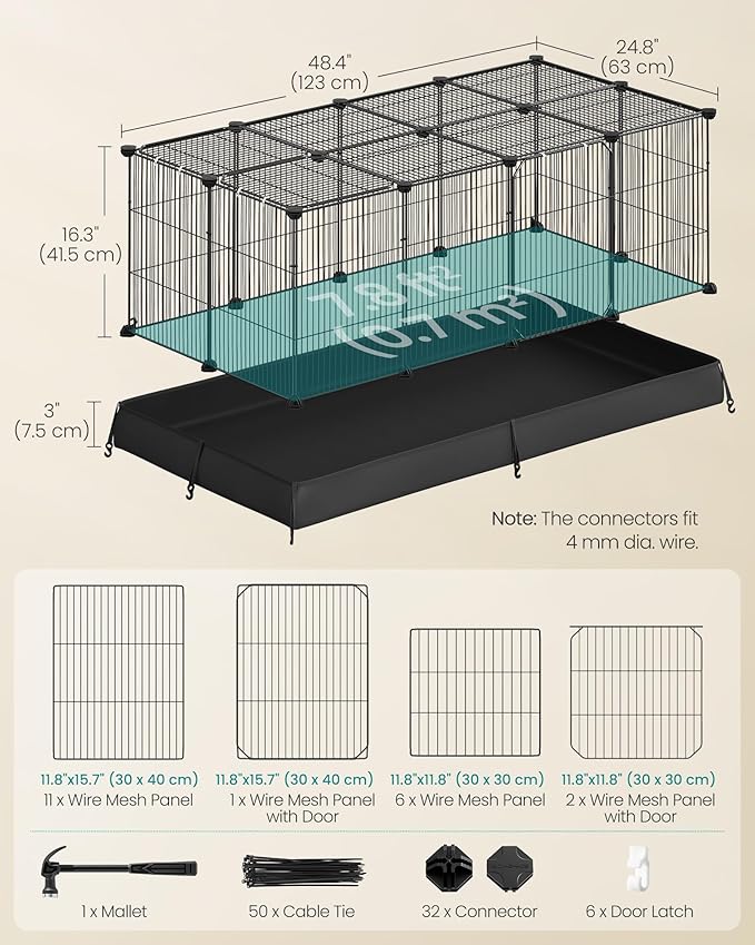 SONGMICS Guinea Pig Cage, Rabbit Cage, Small Animal Playpen with Waterproof Mat, Top and Side Door, 20 Panels, 48.4 x 24.8 x 16.3 Inches, Ink Black ULPI012BH01