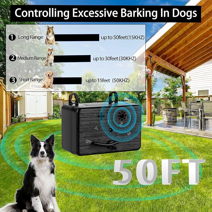 Anti Barking Device, 50 FT Ultrasonic Dog Barking Control Device, Neighbor Dog Silencer, 4 Modes Bark Box, Dog Barking Silencer for Indoor and Outdoor Use, Waterproof Dog Barking Deterrent O