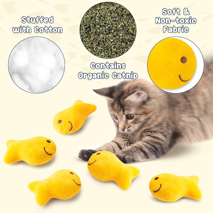 L1rabe Goldfish Cracker Catnip Stuffed Toys for Cats- Black Cat Appreciation Day 5P Goldfish Organic Kittens Toys Funny Yellow Indoor Cats Chew Bite Teething Tools Kittens Interactive Pet Supplies - Image 3
