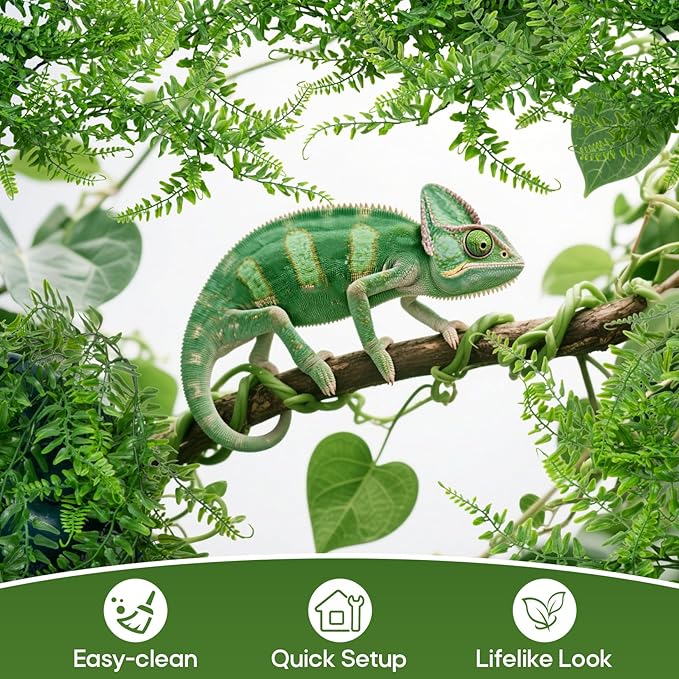 RAINFLOW 2PCS Reptile Plants for Terrarium - Fake Hanging Terrarium Plants, Artificial Boston Fern for Bearded Dragon Snake Geckos Hermit Crab Lizard Chameleon Turtle Reptile Decor(L30 xW5.1)