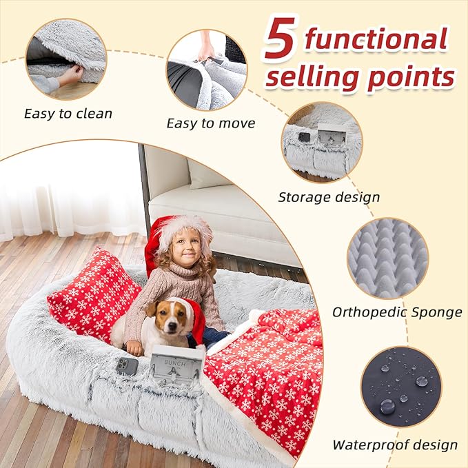 WROS Human Dog Bed - 71"x45"x12" Orthopedic Bed for Humans & Pets, Washable, Plump Pillow, Blanket, Strap - Grey