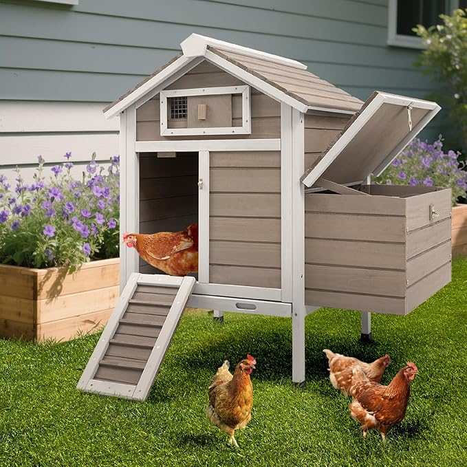 Large Chicken House with Nesting Box, Small Chicken Coop Hen Pet House with Removable Trays, Outdoor Indoor Rabbit Hutch Poultry Cage with Ramp (36.2" L x 26" W x 38.3" H)