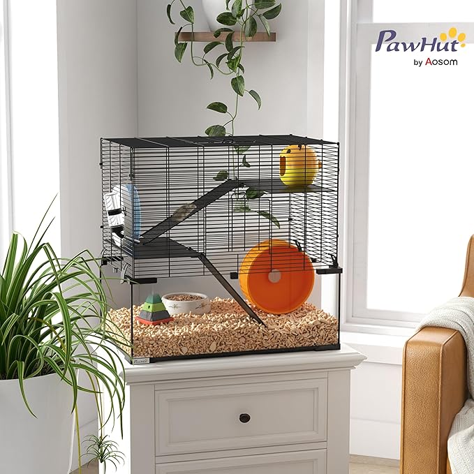 PawHut Large Hamster Cage with Deep Tempered Glass Bottom, 3 Tiers Hamster Tank with Running Wheel, Hut, Water Bottle, Dish, Rat Cage for Syrian, Dwarf, Gerbils, Mouse, 23.5" x 16" x 22.5", Black