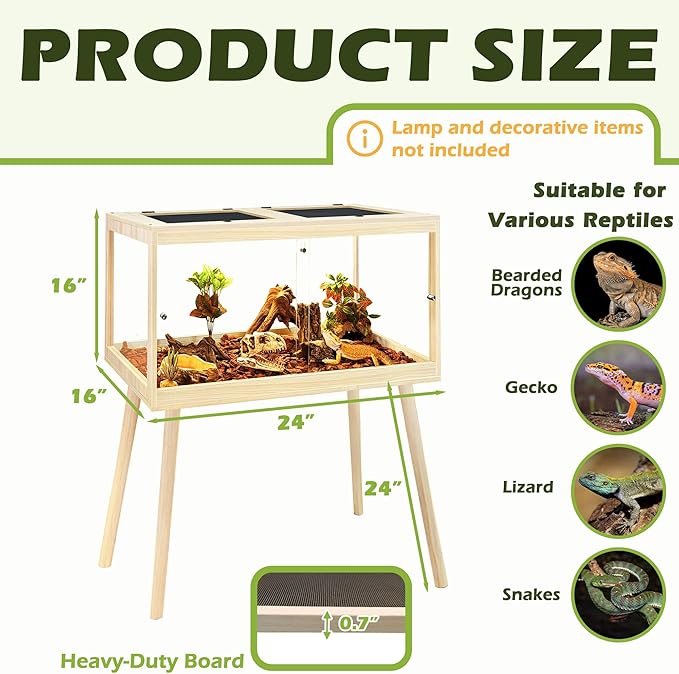 PROLEE Bearded Dragon Tank with Leg Stand 22 Gallons, Wooden Lizard Tank,Reptile Tank with Metal Mesh Roof Door, Acrylic Panel Snake Tank with Lock Design (Oak, 24"x16"x16")