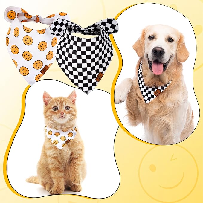 JarThenaAMCS 2Pcs One Happy Dude Dog Bandana Boho Smile Face Checkerboard Print Fabric Pet Scarf Medium Sizes Adjustable Pet Neckerchief Bibs for Cat Dog Birthday Costume Accessories