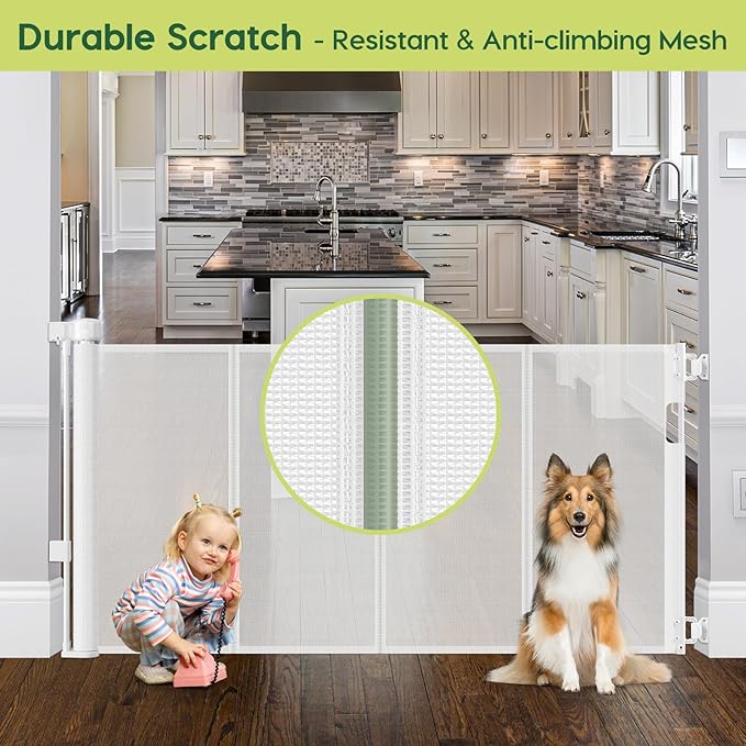 Reinforced 55" Wide Retractable Baby Gates for Doorways to Prevent Crawling Under, Outdoor Retractable Gate, Mesh Child Safety Gates for Toddlers, Indoor/Outdoor Baby Gate for Deck/Porch/Patio, White