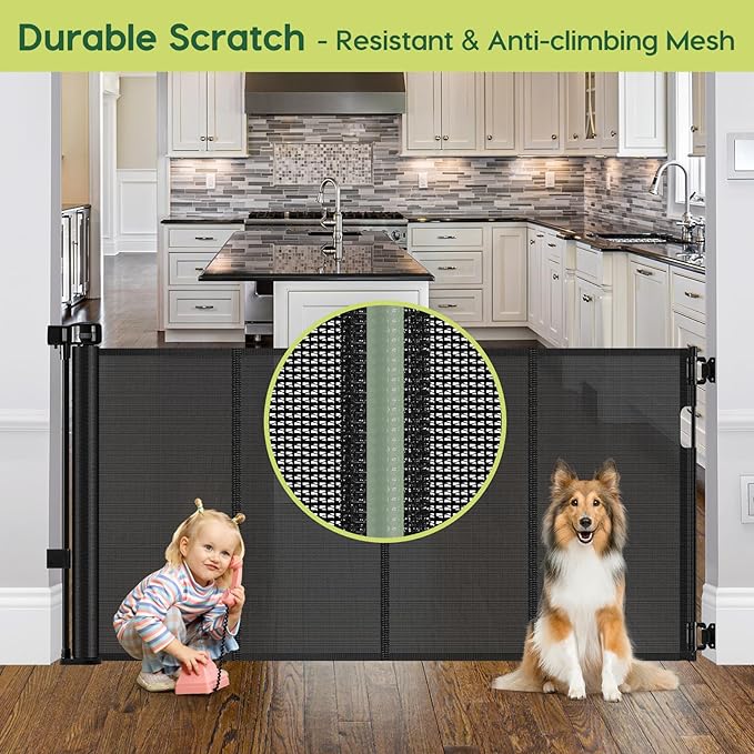 Reinforced 55" Wide Retractable Baby Gates with Reinforced Strips, Indoor/Outdoor Retractable Dog Gate for Doorway Prevent Bottom Drilling Through, No Bottom Bar Safety Mesh Baby Gate for Stair, Black