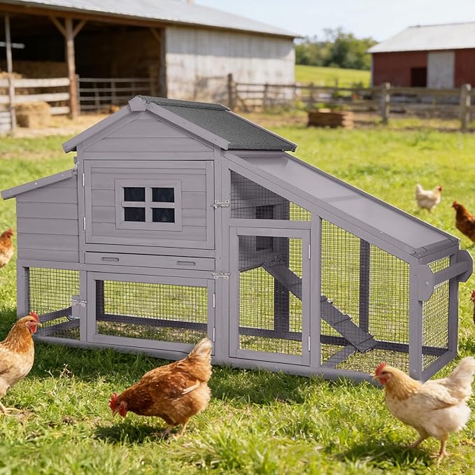 Wooden Chicken Coop with Run, Mobile Chicken House with Wheels, Outdoor Hen Poultry Cage with Leak-Proof Tray and Nesting Box, Lager Chicken Coops with UV-Resistant Roof for 2-3 Chickens (Grey)