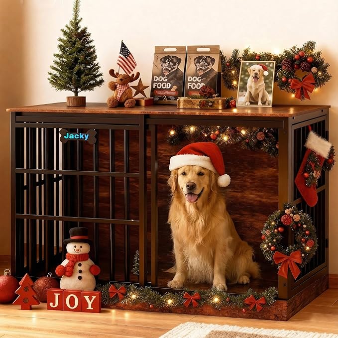 Petrova 47" Dog Crate Furniture with Name Tag, Heavy Duty Dog Kennel Indoor for Large/Medium Dogs, Wooden Dog Cage with Sliding Barn Door, Decorate House as TV Stand, End Table, Rustic Brown