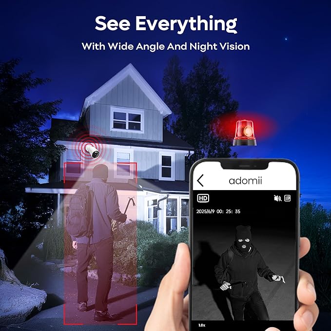 adomii 2K Security Cameras Wireless Outdoor, 33ft Night Vision, IP65 Weatherproof, 2-Way Audio Home Security WiFi Camera Motion Detector for Home Security
