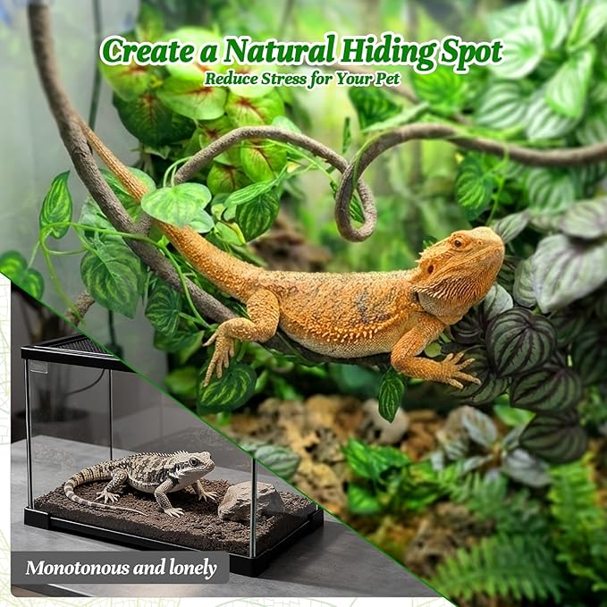 5 Pcs Reptile Plants & Habitat Decor Kit - Artificial Plants & Large 3.3ft Jungle Vine Branch, Artificial Leaves with Suction Cup Tank Decor Accessories for Crested Gecko, Lizard, Snake,Forg,Tortoise