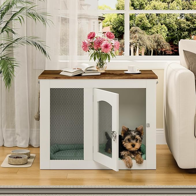 CHOEZON Wooden 30.1" Dog Crate Furniture, Farmhouse Pet Cage End Table with Secure Lock, Ventilated Mesh for Medium Dogs, Dog Kennel Furniture for Living Room, Bedroom, White and Walnut MGW02WL