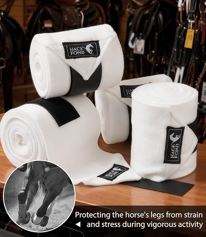 Fleece Horse Polo Leg Wraps Set of 4, 10' Horse Leg Bandages Stable Supplies Equestrian Boots White