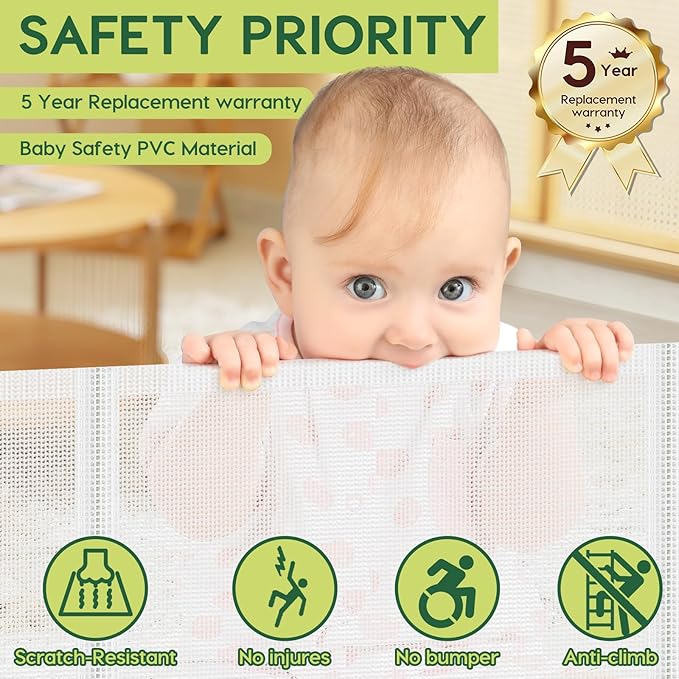 Reinforced 55" Wide Retractable Baby Gates for Doorways to Prevent Crawling Under, Outdoor Retractable Gate, Mesh Child Safety Gates for Toddlers, Indoor/Outdoor Baby Gate for Deck/Porch/Patio, White