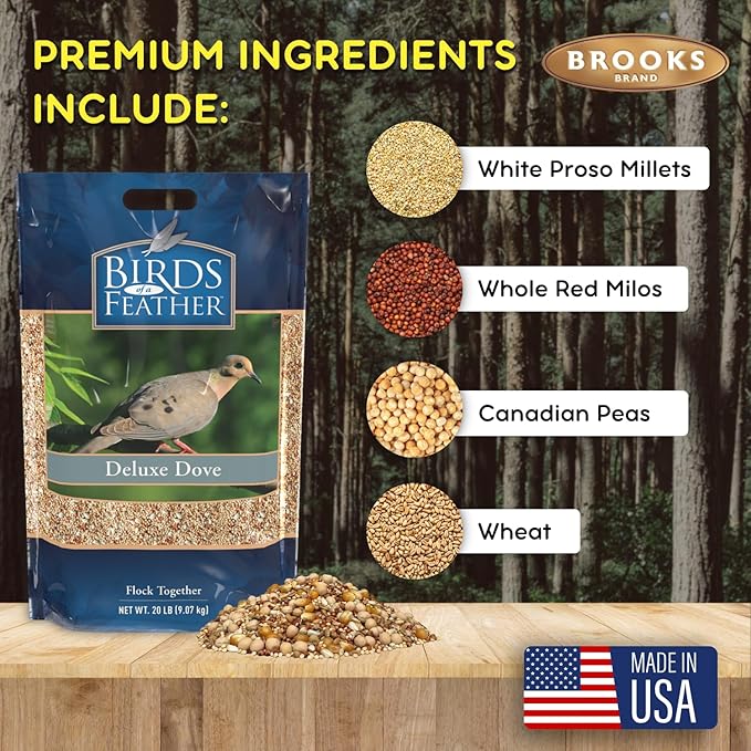 Birds of a Feather Deluxe Dove Food, Pigeon Food, Mourning Dove Outdoor Bird Seed, Dove Bird Seed, Comida para Palomas, Made in USA (20 Pound (Pack of 1))
